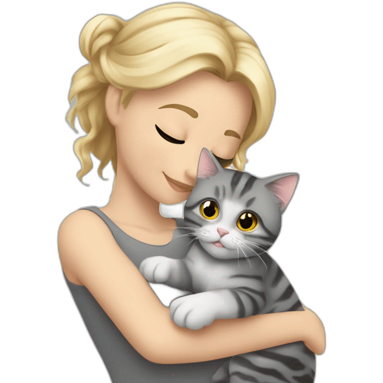 A blond whit hirl with som silver glasess is hugging one grey stripet cat and there ar alot of harts around them emoji