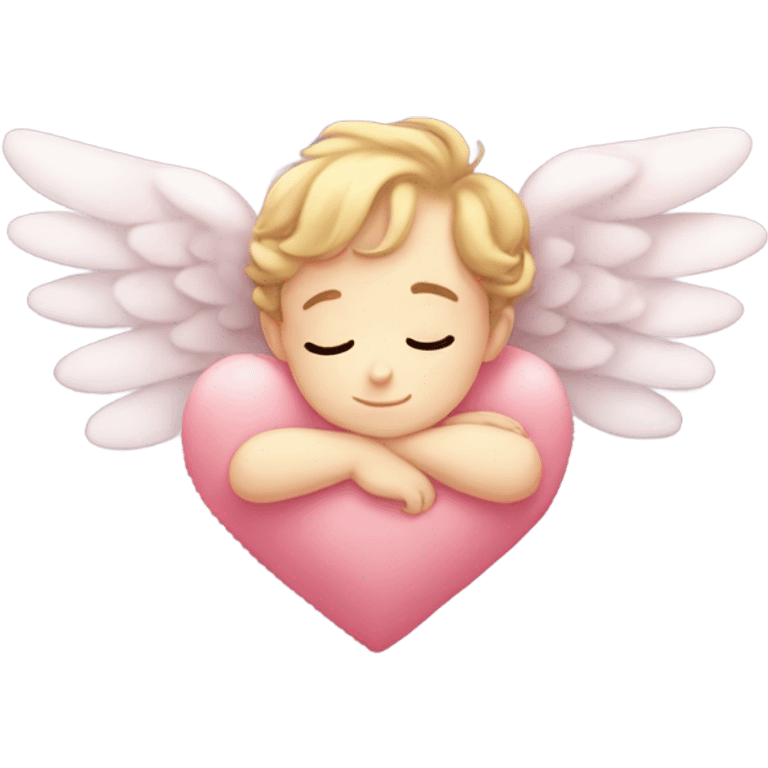 Realistic Photo of pale cupid asleep on a big cushioned heart emoji