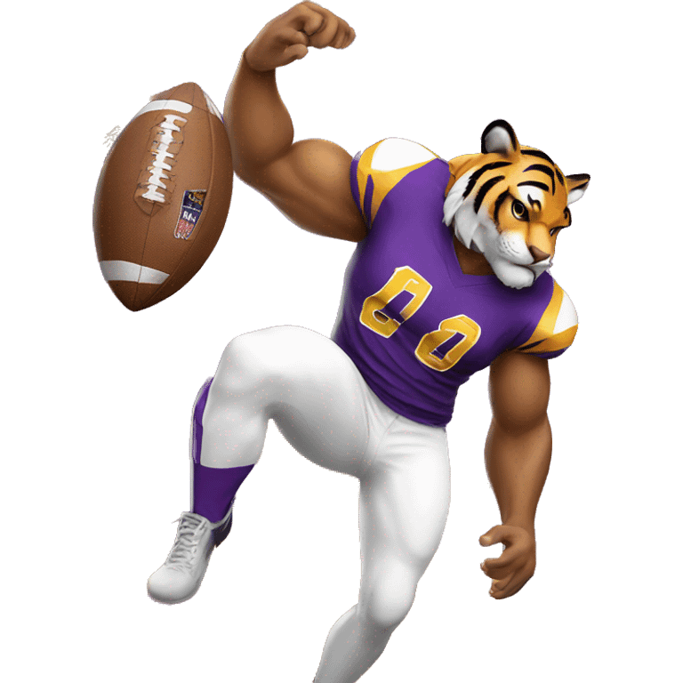 Tiger wearing purple and gold jersey and white pants holding a football emoji