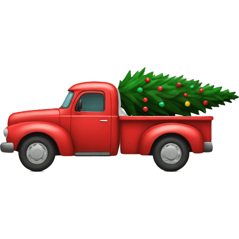 Red truck carrying a Christmas tree side view emoji