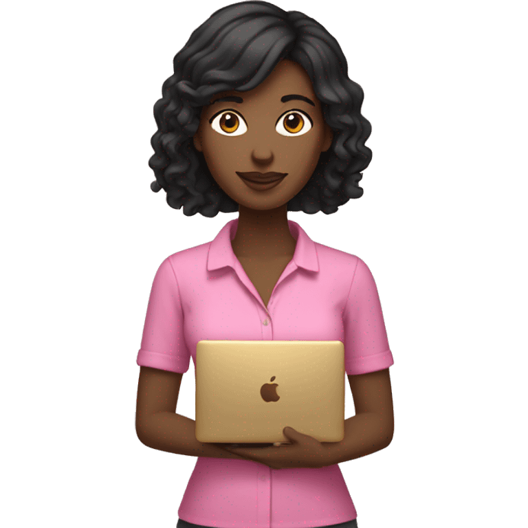 Black hair woman wearing pink shirt holding a gold macbook emoji