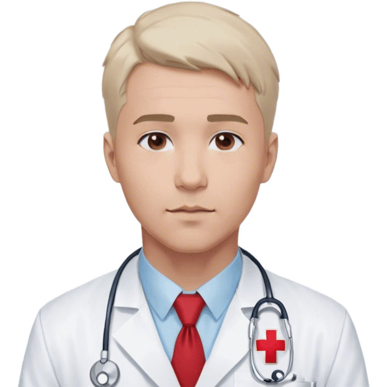 "A simple and clean bust of a male doctor in a white lab coat with a red cross emblem on the chest. He has a light blue shirt and a subtle red tie. A minimalistic stethoscope drapes around his neck with a thin, smooth design. His facial features are simplified but expressive, with short, neatly styled hair and a calm, confident look. Behind him, a faint, abstract medical symbol (such as a heartbeat line or a plus sign) subtly reinforces the healthcare theme. The overall style is modern, sleek, and minimalistic, using smooth lines and soft shading. emoji