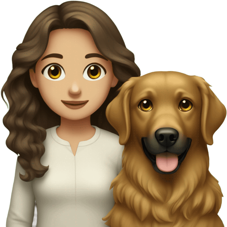 Girl with brown hair and green brown eyes next to a black golden retriever emoji