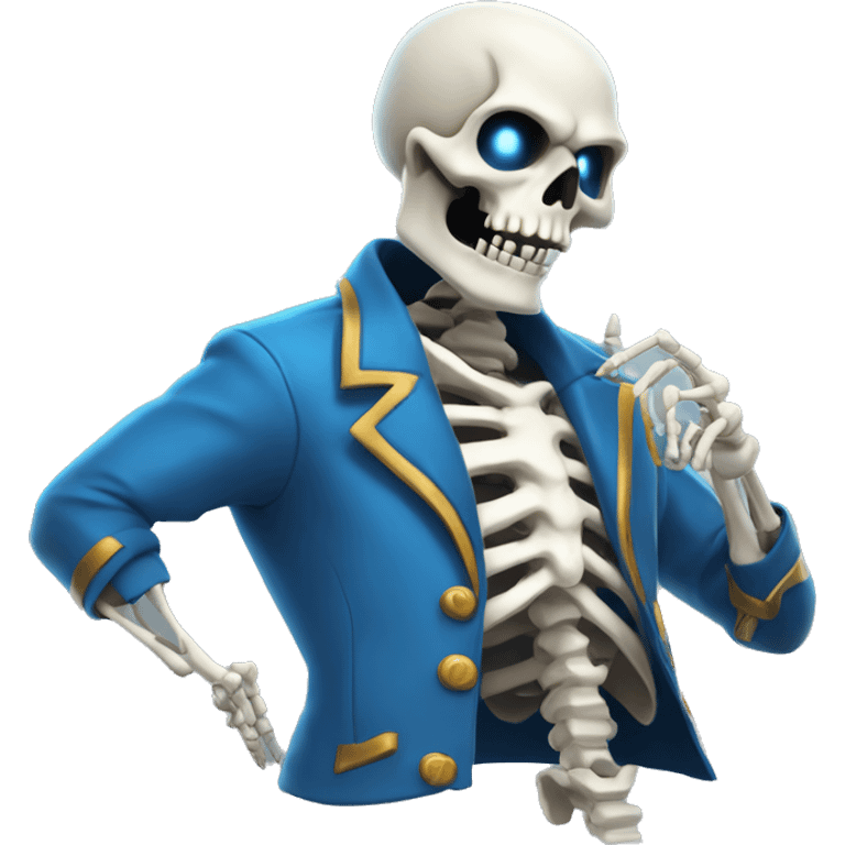 Skeleton with ONE blue glowing eye summoning mahoraga in a blue jacket with a white shirt emoji