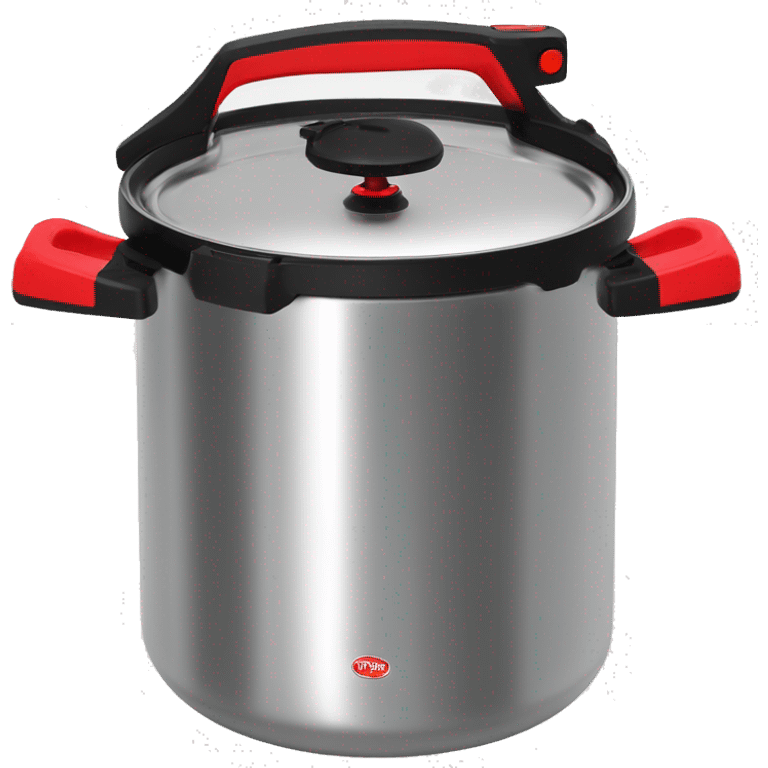 Stainless steel pressure pot, with black gights, lid with 3 clamps, red line on the black knob emoji