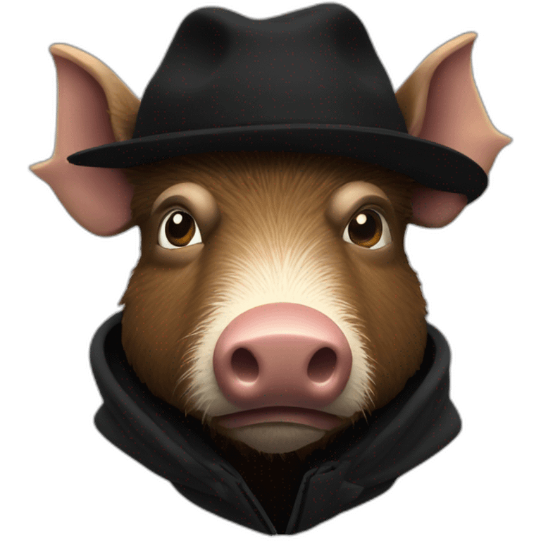 Really sad brown boar in a black winter hat and black jacket emoji