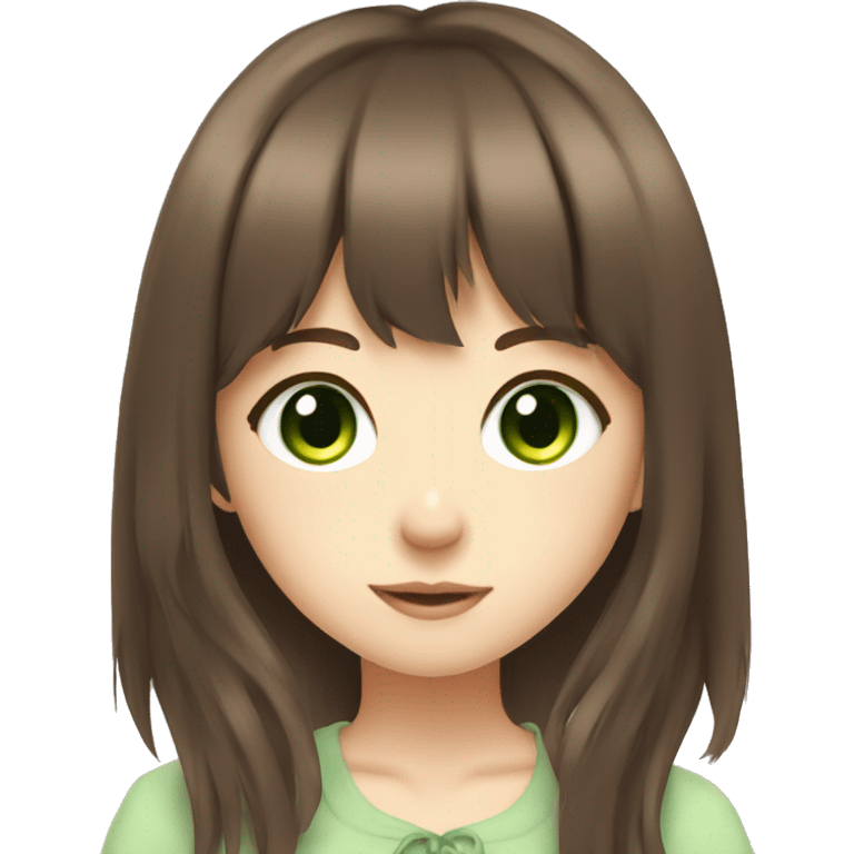 anime girl with brown hair with bangs and green eyes emoji