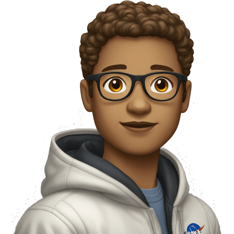 light skin boy with short brown hair to one side, beauty mark,, and pilot glasses in a nasa hoodie emoji