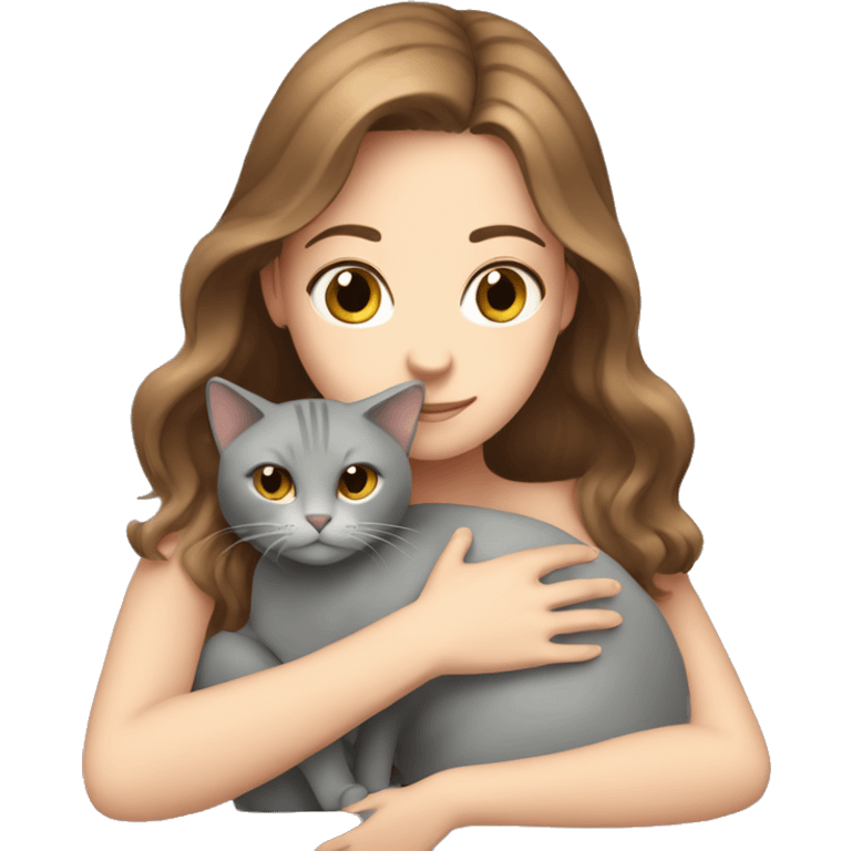 White girl with brown hair hugging grey cat emoji