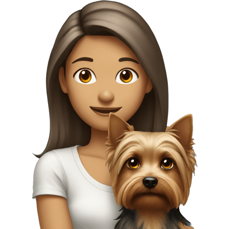 Girl with brown hair is holding a Silky terrier dog  emoji