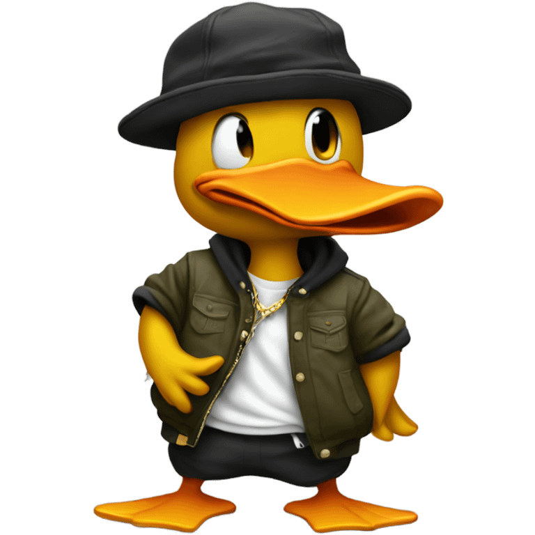 A duck dressed like a rapper rapping emoji