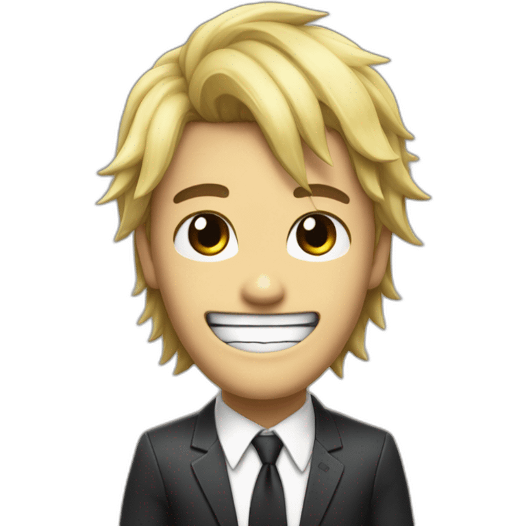 Denji with his blond hair in a shaggy style, brown eyes, with his shark teeth, is smiling evil and with a shirt with a black tie from chainsawman emoji