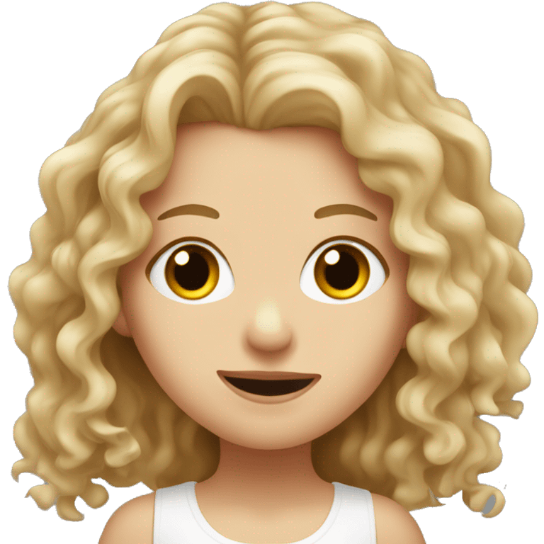 White girl with long curly dirty blonde hair, hazel eyes, sticking her tongue out emoji