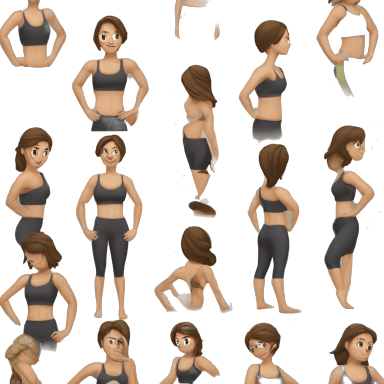 Fit Caucasian Woman stomach muscles flexed, brunette emoji