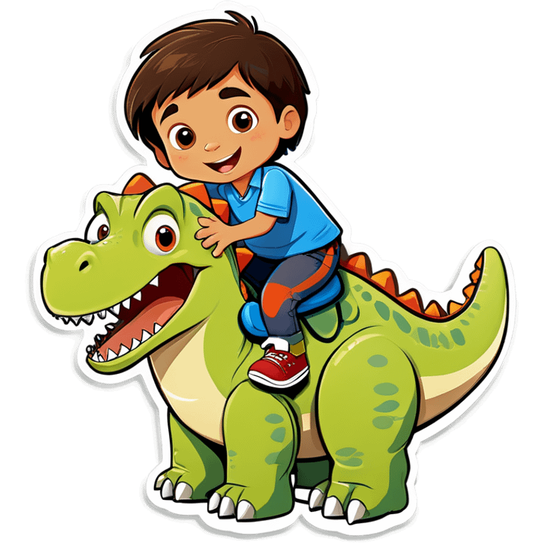 A funny little hispanic boy with brown hair riding a dinosaur  emoji