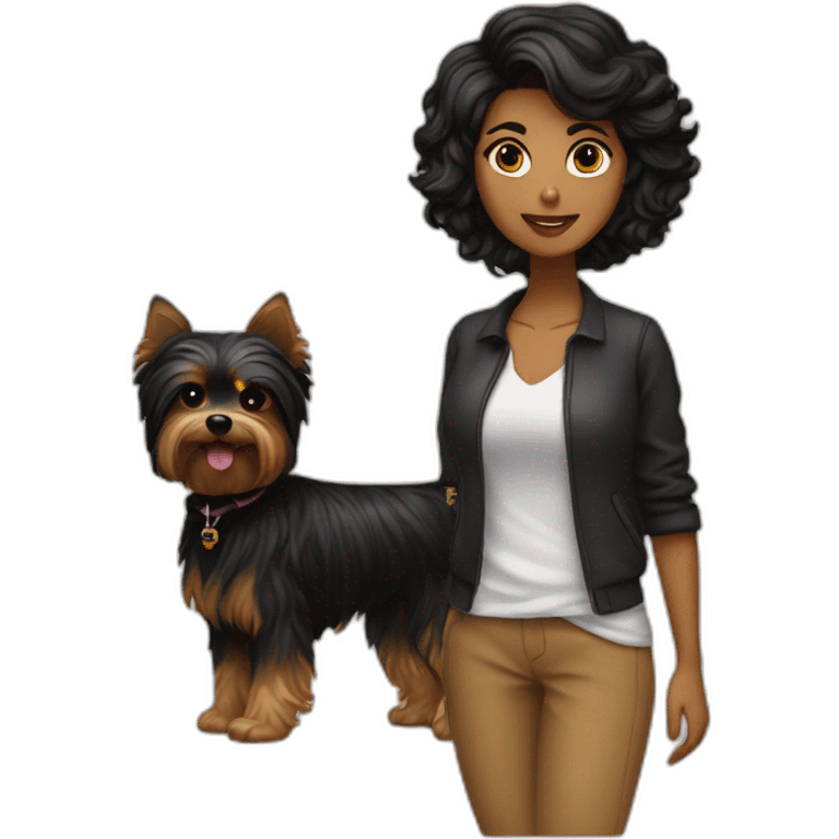 Chica morena media melena paseando con dos yorkshire terrier negros emoji