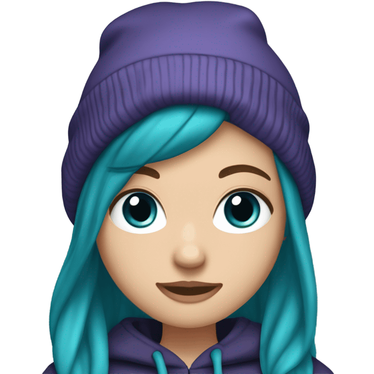 White girl, blue eyes, long teal hair, purple beanie hat, black hoodie, blue jeans, black shoes emoji