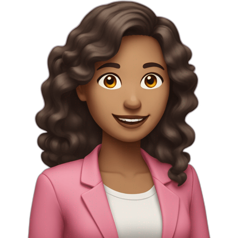 Woman with long dark brown hair with loose curls, pretty smile, dressed with a pink blazer emoji