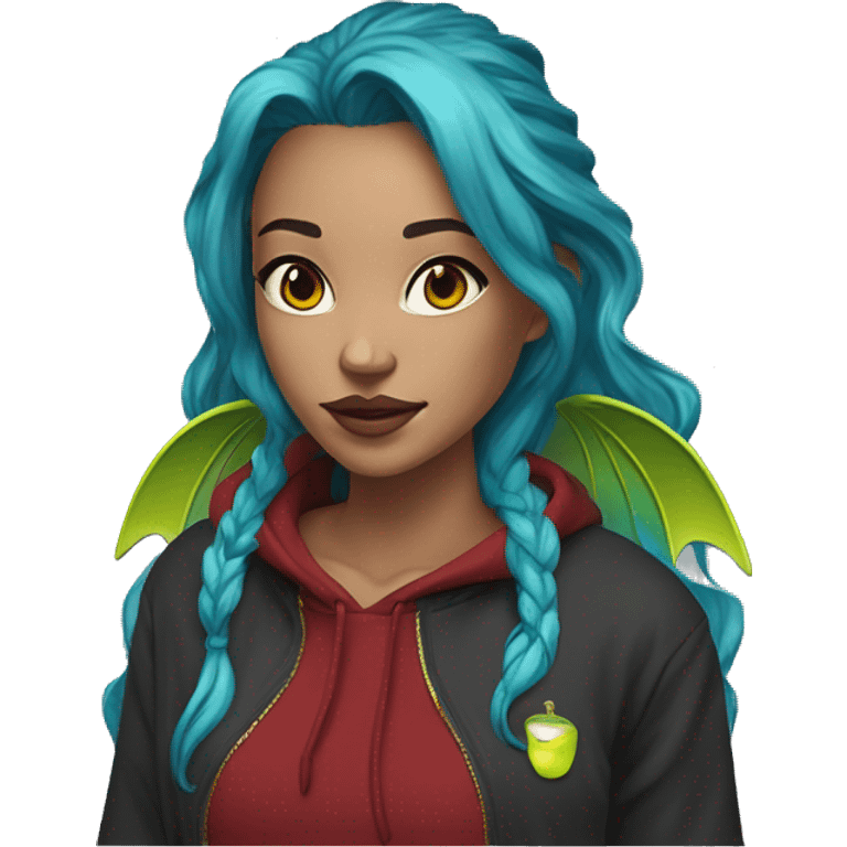 Lady with brunette and iridescent blue hair, gold, lime green dragon wings, maroon hoodie, 420, black and gold Nike t shirt, and bright red eyes emoji