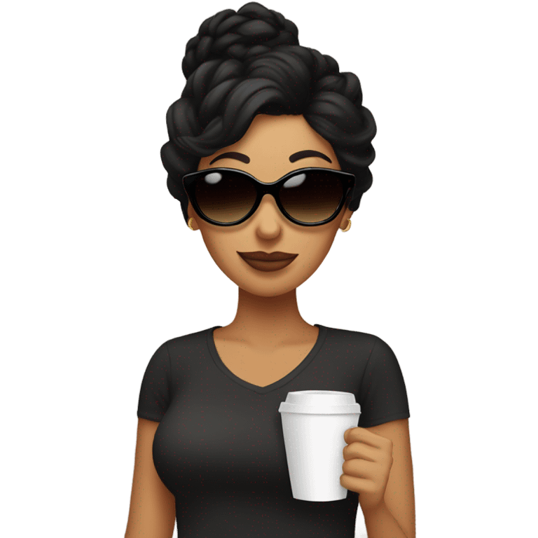 Mom with black hair messy bun, large coffee and black sunglasses  emoji