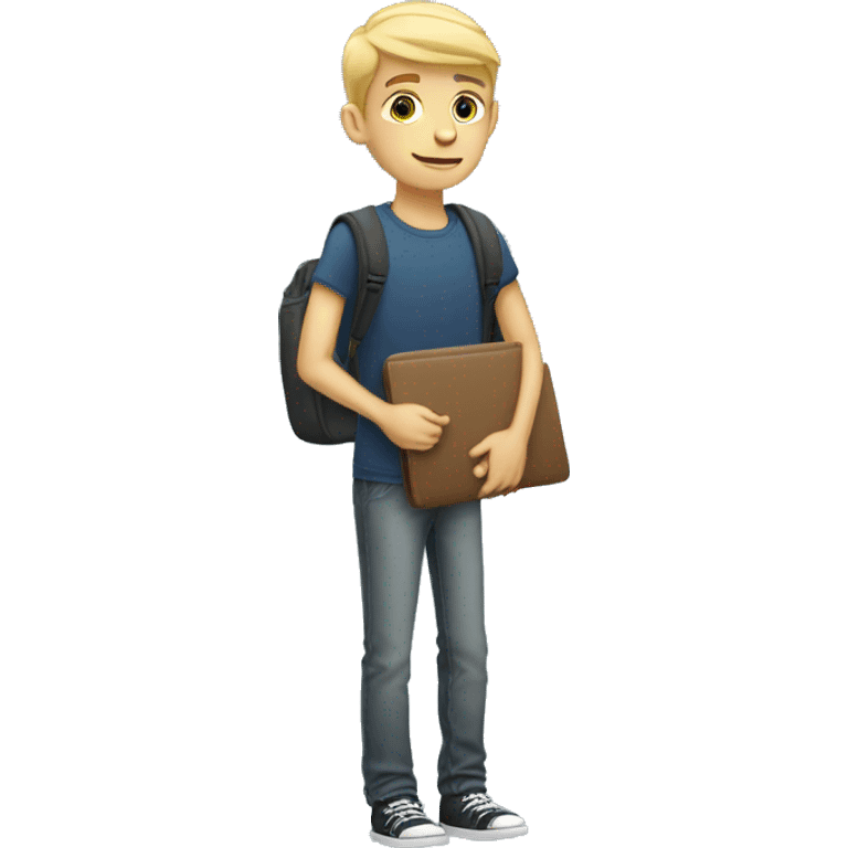 A tall blonde male teenager, 17 years old, holding a laptop bag emoji