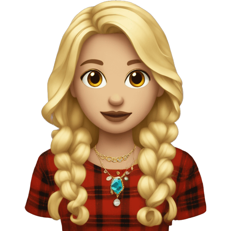 blonde haired girl with jewelry and red flannel emoji