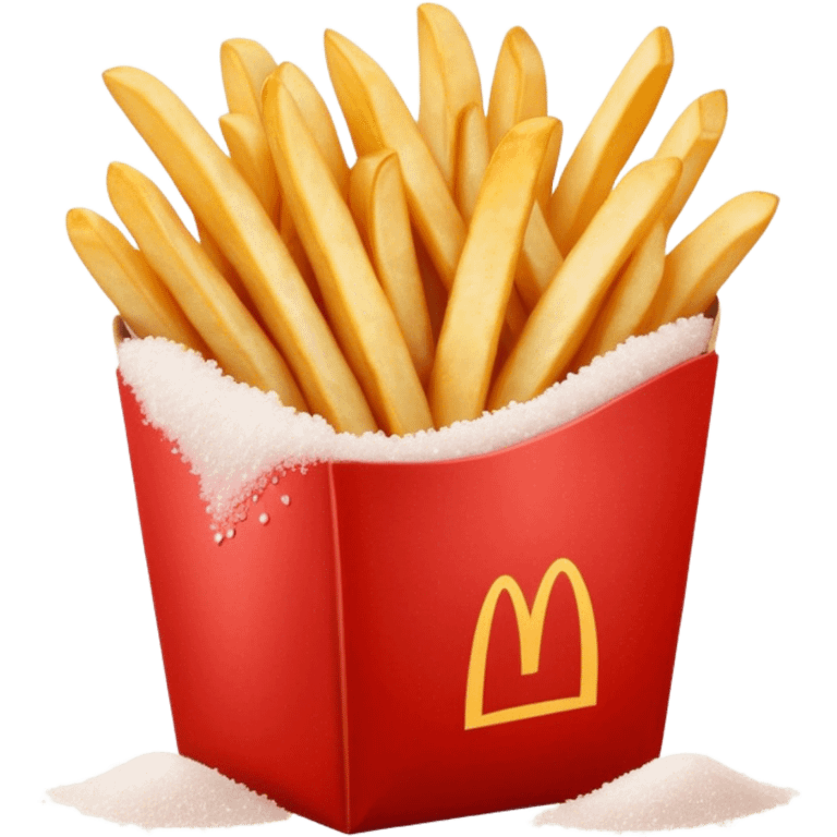 Cinematic crispy golden French fries, piled high, sprinkled with salt, served in a red carton, warm and inviting, rich golden hues, perfectly crunchy and delicious. emoji