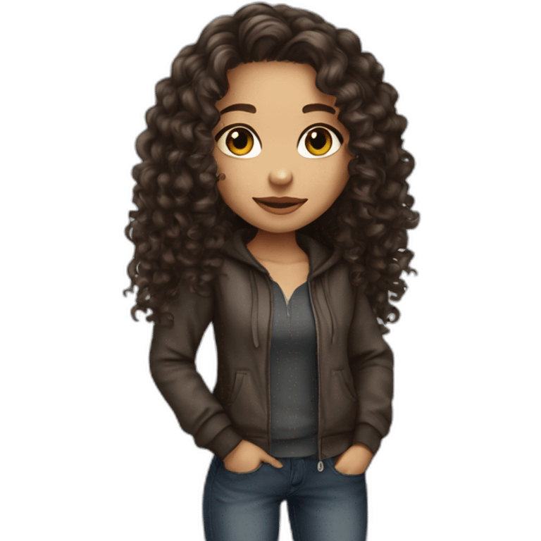 a girl white skin with long dark brown curly hair and skin clear with street wear emoji