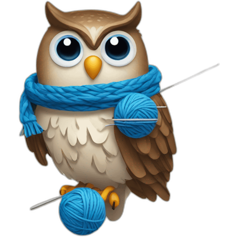 Owl holding blue yarn ball and knitting needles emoji