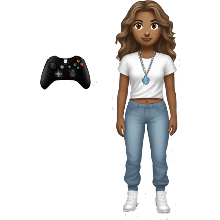 white girl, long brown hair, light blue eyes, black t-shirt, one silver chain necklace, grey joggers, white airforces and blue xbox controller  emoji