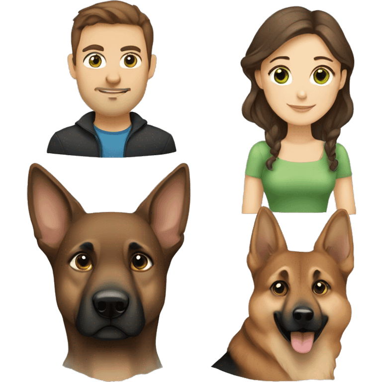 man with brown hair and blue eyes, woman with brown hair green eyes and a german shepard emoji