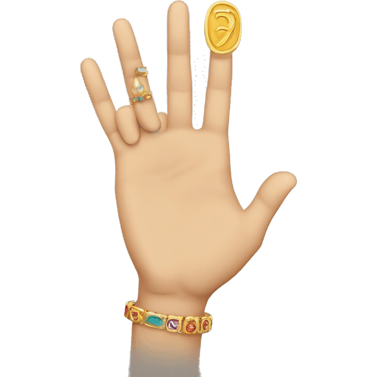 Hand showing three fingers up and orthodox bracelet on the hand emoji