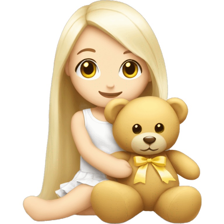 cute white doll with yellow bow, long straight hair, hugging a Teddy bear emoji