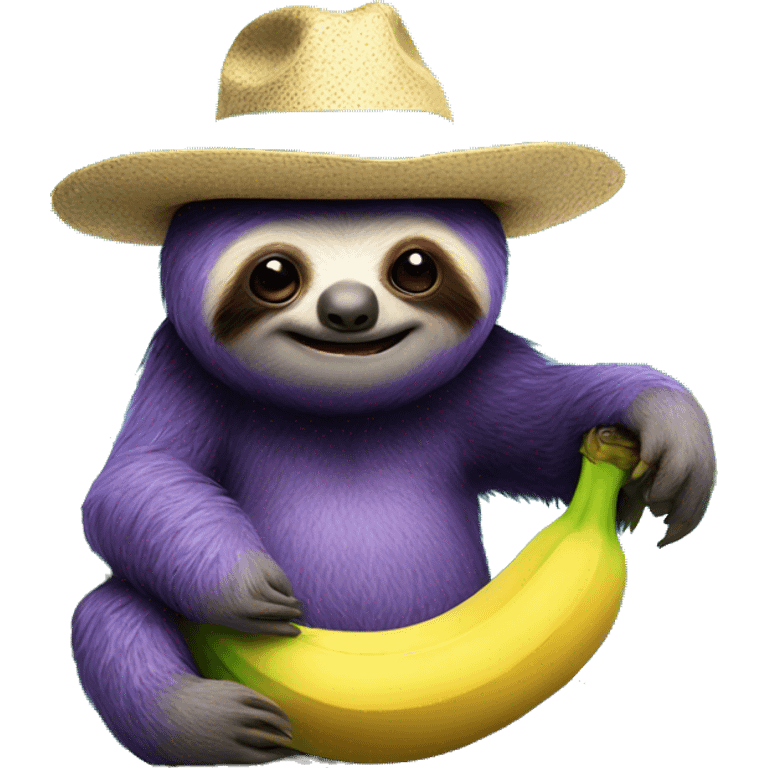 Purple sloth sitting on a banana tree wearing a bowler hat that is turquoise with an evil smile  emoji