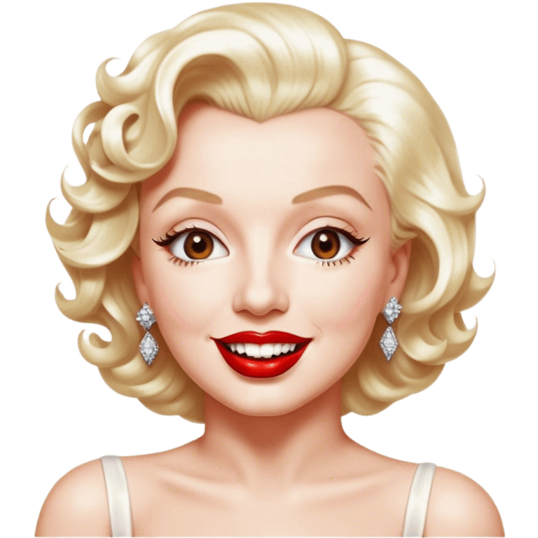 Cinematic Realistic Marilyn Monroe Emoji, featuring a glamorous, high-detail portrayal of the legendary Hollywood star. Her iconic platinum curls, radiant smile, and signature red lips are illuminated by dramatic, vintage-style lighting, evoking the timeless allure of classic cinema. emoji