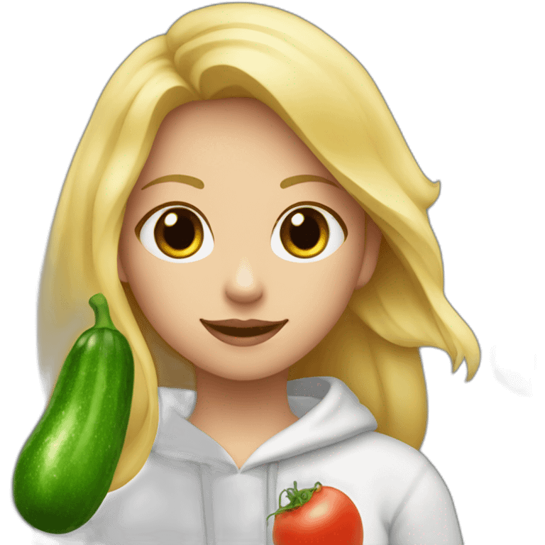 blonde girl  eating  cucumber and tomatoes with white hoodie iridescent and a crown princess emoji