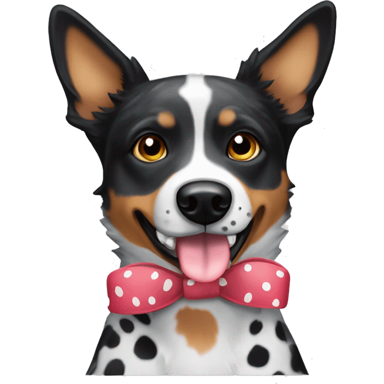 Black and white spotted Australian cattle dog with bow emoji