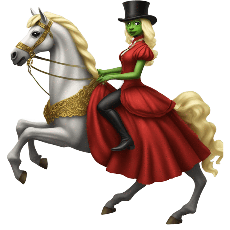 "galora green blonde alien woman" in red Victorian elegant dress, full body, rides "horse gold and white"
 emoji