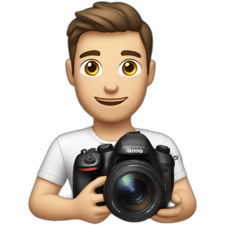 Male Photographer shaved Caucasian wavy hair brunette holding camera emoji