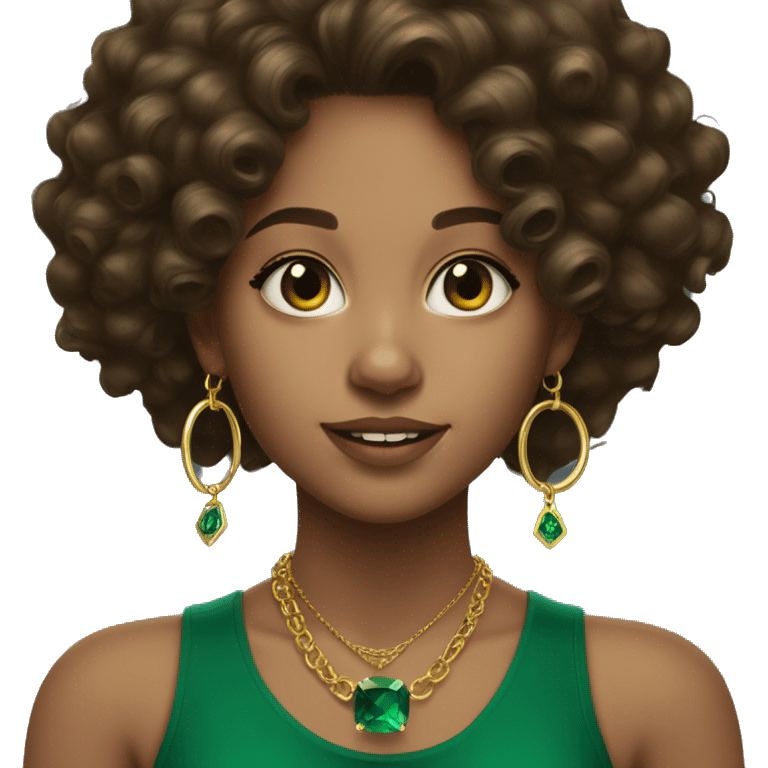 A lightskinned girl with dark brown long curly hair and emerald green top with gold necklaces and tiny gold hoop earrings  emoji