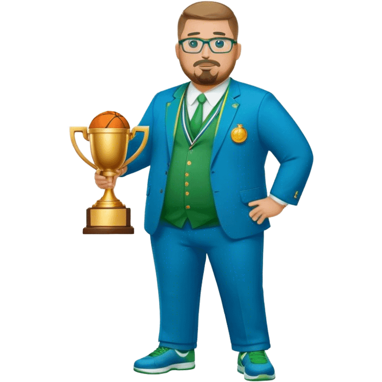 full body white obese male basketball coach with trophy. Goatee , Wearing glasses and blue and green suit emoji