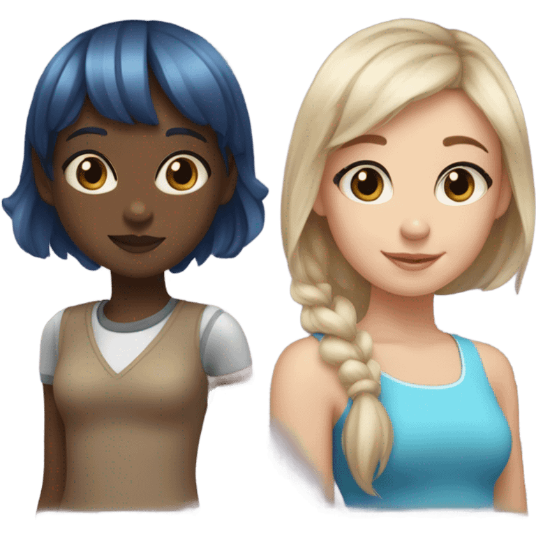 three girls: two with brown skin and brown hair and the third one with pale skin brown hair with two blue lines in the sides and baby bangs  emoji