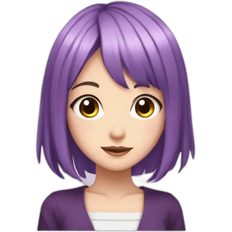 anime girl with purple hair with a white ribbon in it and hazel eyes emoji