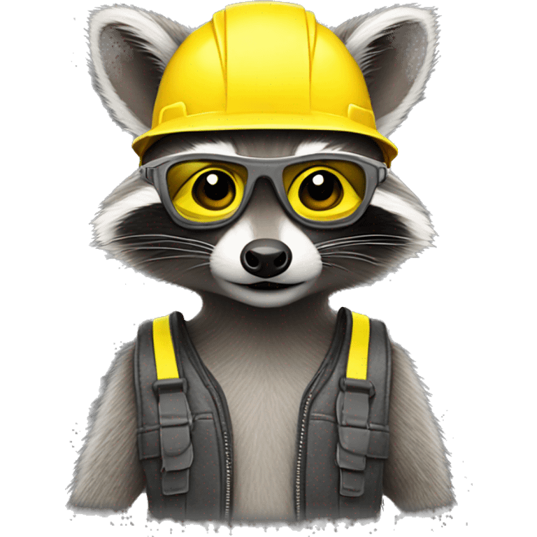 gray raccoon with yellow helmet, safety glasses and ear protectors emoji