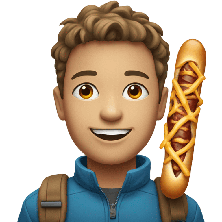 smiling boy in mountain portrait with hotdog emoji