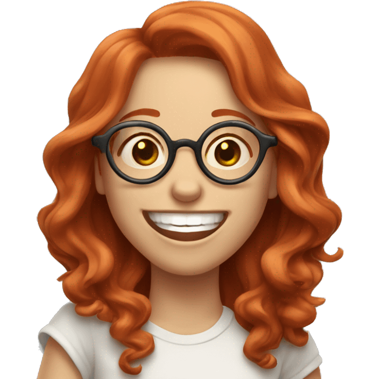 Pale, Long Wavy haired red head, girl with circular glasses glasses laughing and pointing emoji