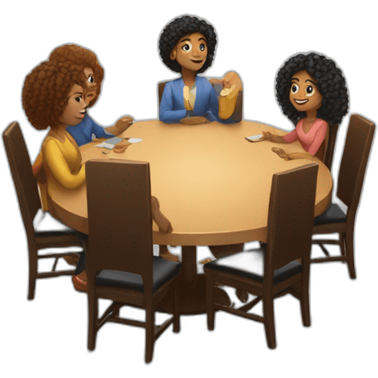 people sitting around a round table. Diverse in race and hair style. No croppings and all elements should be in frame. emoji