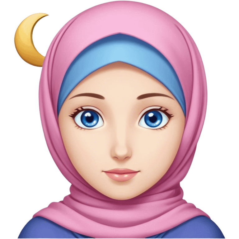 Turkish beautiful finish Konya girl blue eyes with lila pink color and ramadan moon hijab  emoji