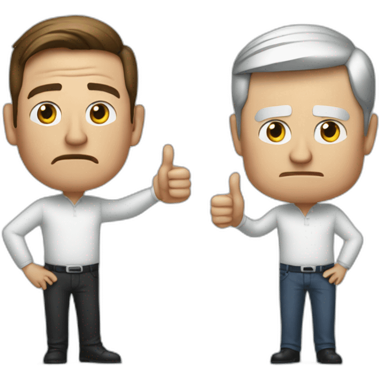 Unhappy Tim Cook and unhappy Elon Musk giving thumbs down emoji