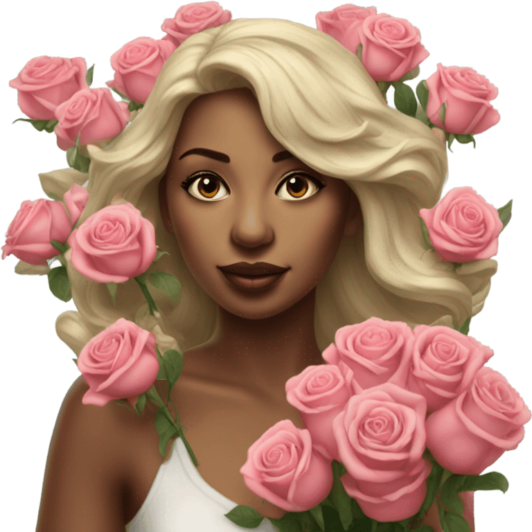 Hyper Realistic beautiful woman smells bouquet of roses emoji